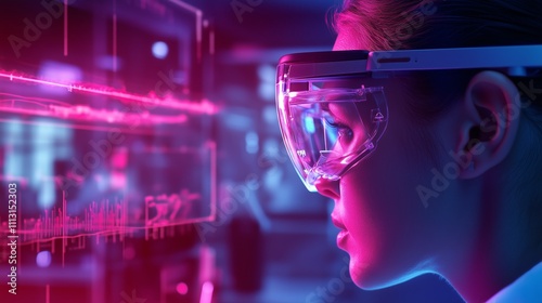 Futuristic laboratory researcher analyzing data through augmented reality glasses in a high-tech environment