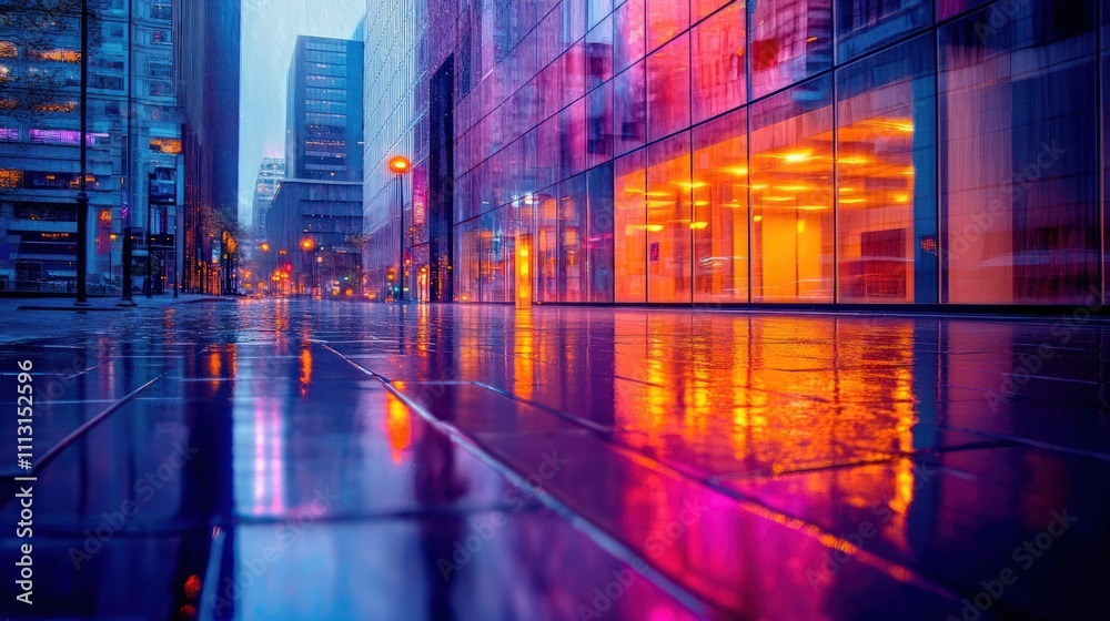 Rainy city street, neon reflections, vibrant colors.