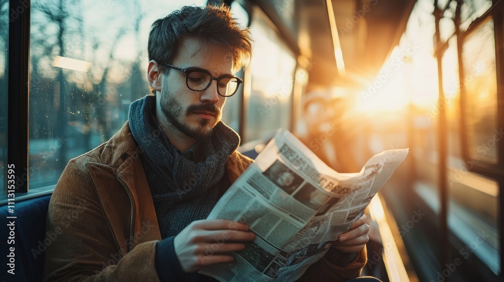 A young professional reading a newspaper while commuting on a train