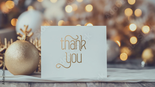 White Thank You note card Christmas image with gold text, blurred room background of festive holiday decorations with branches, lights, ornaments, cones. Note to express gratitude and appreciation photo