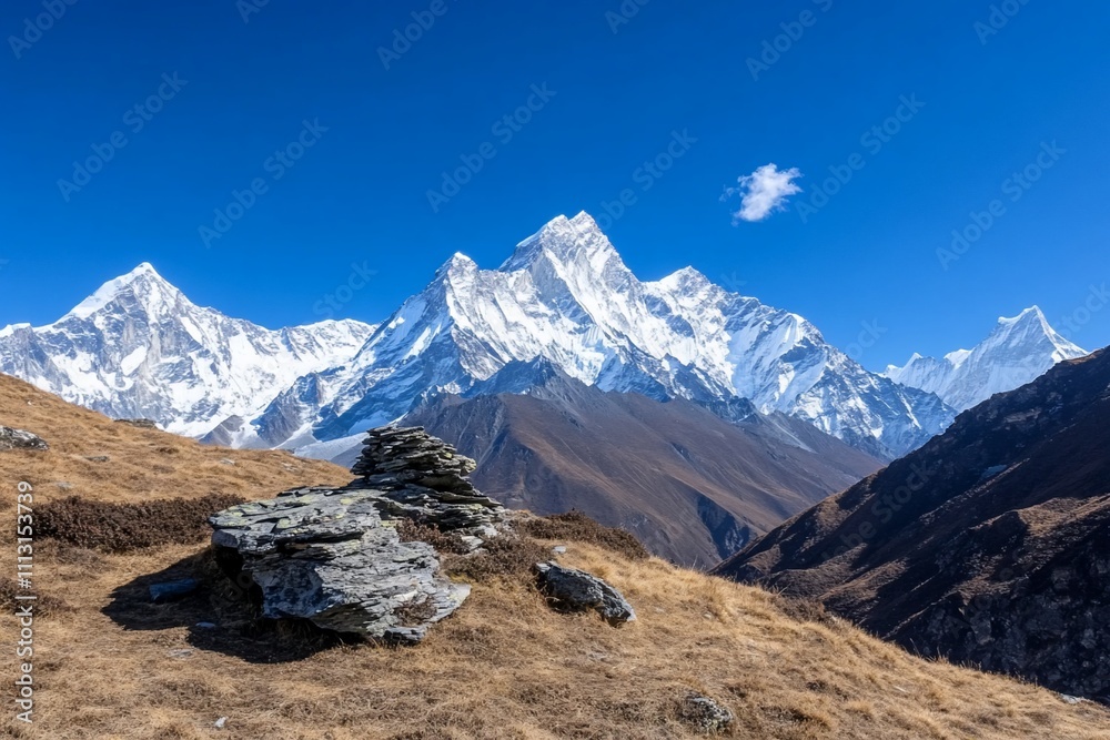 Fototapeta premium Majestic snow-capped mountains under a clear blue sky.