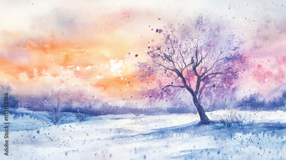 A serene winter landscape with a lone tree against a colorful sunset sky. A serene winter landscape with a lone tree against a colorful sunset sky.