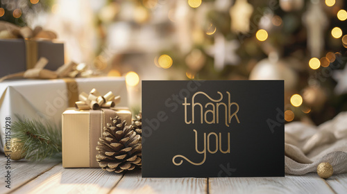 Black Thank You note card Christmas image with gold text, blurred room background festive holiday decorations with branches, lights, ornaments, cones. Note to express gratitude and appreciation photo