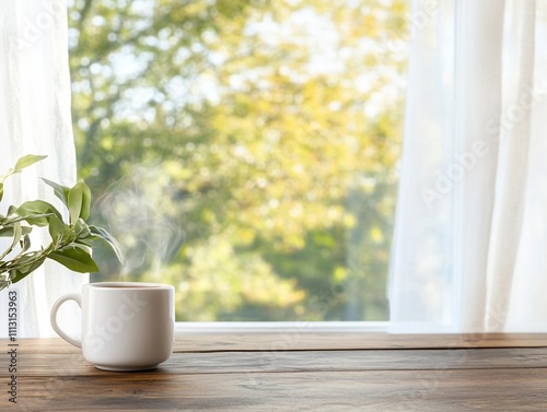 Warm drink on wooden table by window.