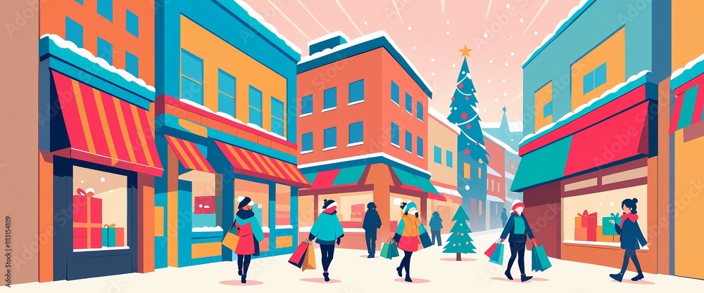 Festive street scene with shoppers carrying bags and Christmas tree, joyful holiday atmosphere, winter wonderland Festive street scene with shoppers carrying bags and Christmas tree, joyful holiday atmosphere, winter wonderland