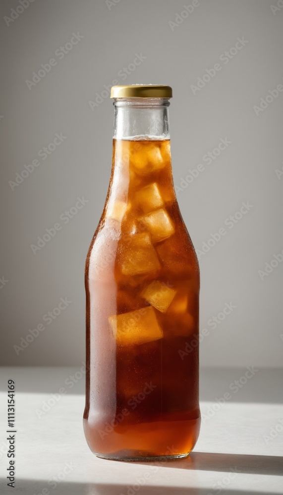 Chilled bottle of iced tea with ice cubes, refreshing beverage, soothing drink for hot days Chilled bottle of iced tea with ice cubes, refreshing beverage, soothing drink for hot days