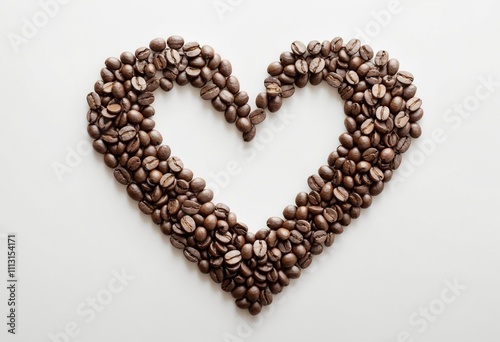 Coffee beans arranged in heart shape on white background, love for coffee, artistic food composition