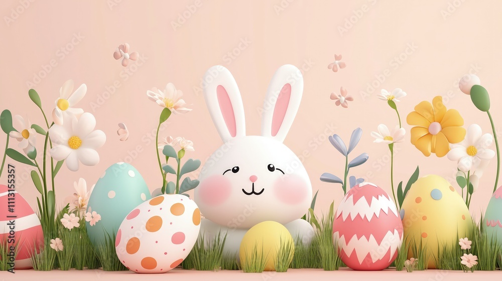 Obraz premium A cute bunny surrounded by colorful Easter eggs and flowers in a pastel setting.