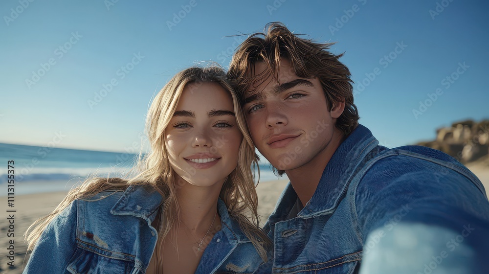Happy couple enjoying a sunny beach day with denim jackets and smiles Happy couple enjoying a sunny beach day with denim jackets and smiles