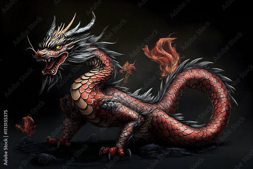 Obraz premium Crimson Dragon's Majesty: A majestic, intricately detailed crimson dragon commands attention against a dark backdrop. Its scales shimmer, eyes glow, and fiery breath hints at immense power.