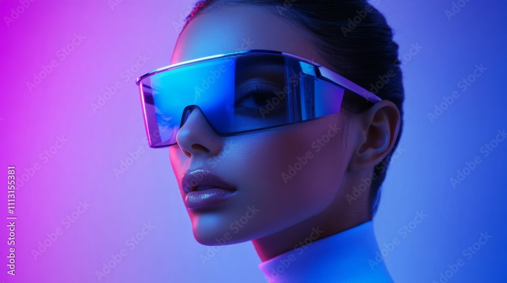 Side profile of a woman wearing futuristic sunglasses Side profile of a woman wearing futuristic sunglasses