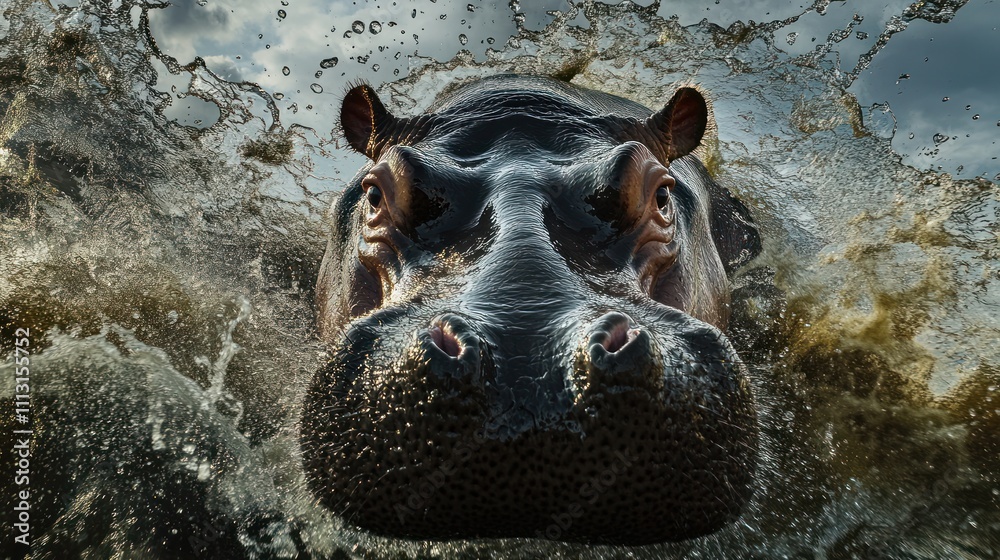 Fototapeta premium Hippopotamus emerging from water with splashes. (1)