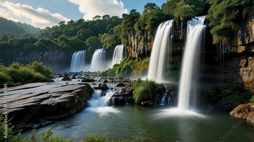 Majestic waterfalls cascading down rocky cliffs, surrounded by lush green foliage and a tranquil river. Majestic waterfalls cascading down rocky cliffs, surrounded by lush green foliage and a tranquil river.