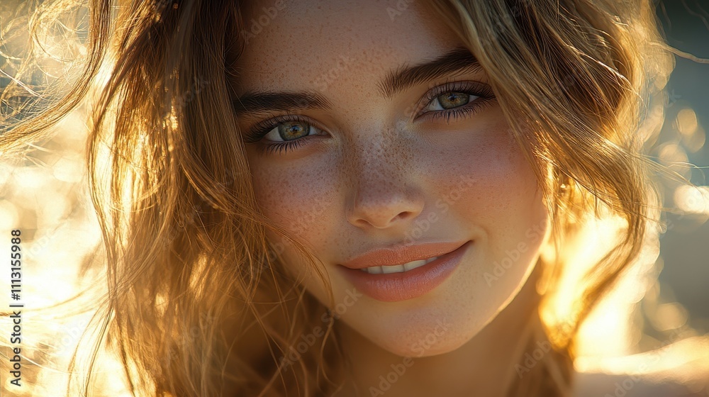 Beautiful woman smiling in golden hour light with long hair and captivating features Beautiful woman smiling in golden hour light with long hair and captivating features