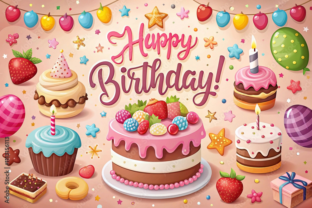 Colorful happy birthday card with cakes, sweets, and decorations. Colorful happy birthday card with cakes, sweets, and decorations.