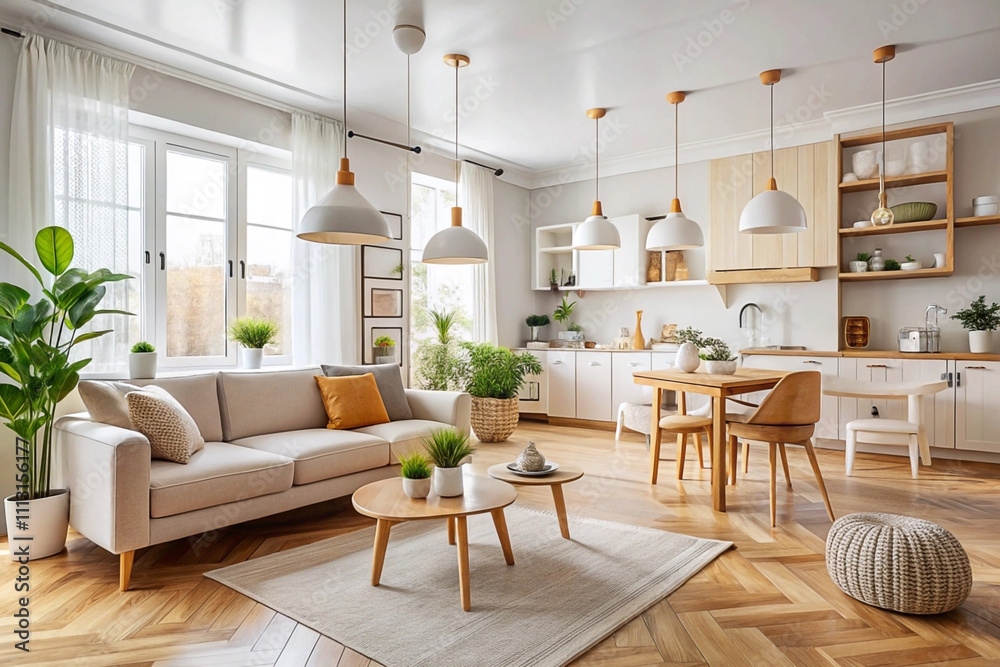 Bright, airy open-plan living room and kitchen with light wood floors, beige sofa, and wooden dining table. Bright, airy open-plan living room and kitchen with light wood floors, beige sofa, and wooden dining table.
