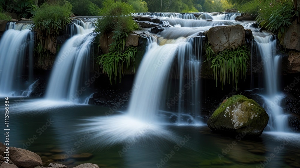 Serene cascading waterfall flowing over moss-covered rocks. Serene cascading waterfall flowing over moss-covered rocks.