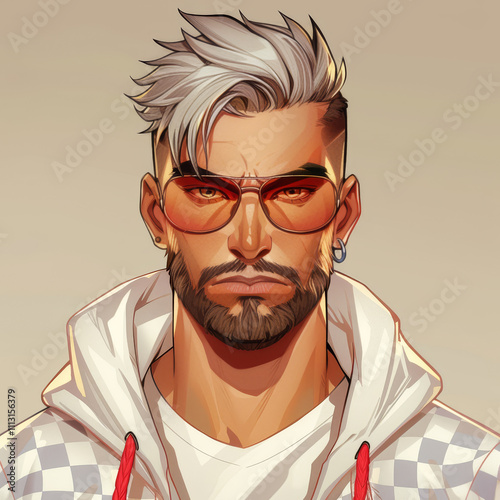 Wallpaper Mural Portrait of a Calm, Detached Young Man with Checkered Hoodie and Sunglasses Against Beige Background Torontodigital.ca