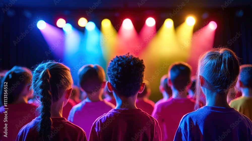 A choir of children singing in a school auditorium, with bright, colorful stage lighting.