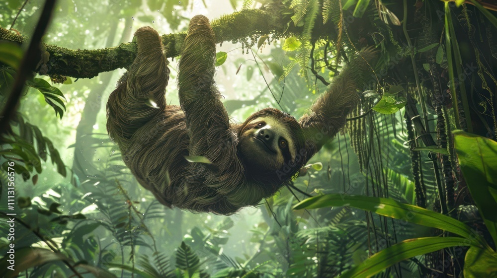 A sloth hangs peacefully on a tree branch in a lush, sunlit rainforest, surrounded by dense green foliage and a tranquil atmosphere. A sloth hangs peacefully on a tree branch in a lush, sunlit rainforest, surrounded by dense green foliage and a tranquil atmosphere.