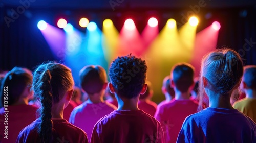 Obraz na płótnie A choir of children singing in a school auditorium, with bright, colorful stage lighting. w salonie