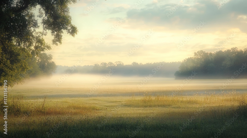 Misty sunrise over grassy field, trees. Misty sunrise over grassy field, trees.