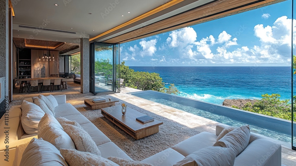 Fototapeta premium Luxurious beachfront living room with panoramic ocean views, featuring a large sofa, coffee table, and infinity pool.
