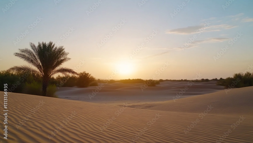 Serene desert landscape at sunset with palm trees and dunes. Serene desert landscape at sunset with palm trees and dunes.