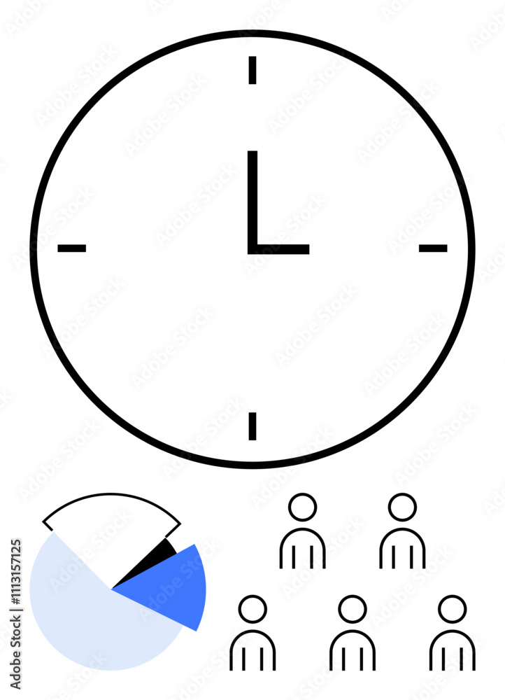 Large clock with minimal design pie chart with blue segment, six stick figure icons. Ideal for time management, productivity, team effort, scheduling, analysis, collaboration, deadlines. Line Large clock with minimal design pie chart with blue segment, six stick figure icons. Ideal for time management, productivity, team effort, scheduling, analysis, collaboration, deadlines. Line
