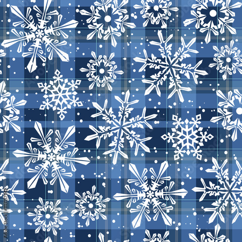Seamless pattern of Christmas Icy Snowflakes with Blue Plaid Background- Christmas Vector Design 