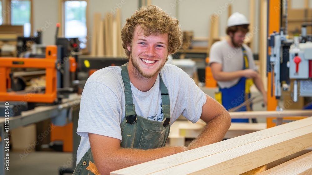 A smiling young man working in a woodworking shop with tools and materials around him. A smiling young man working in a woodworking shop with tools and materials around him.