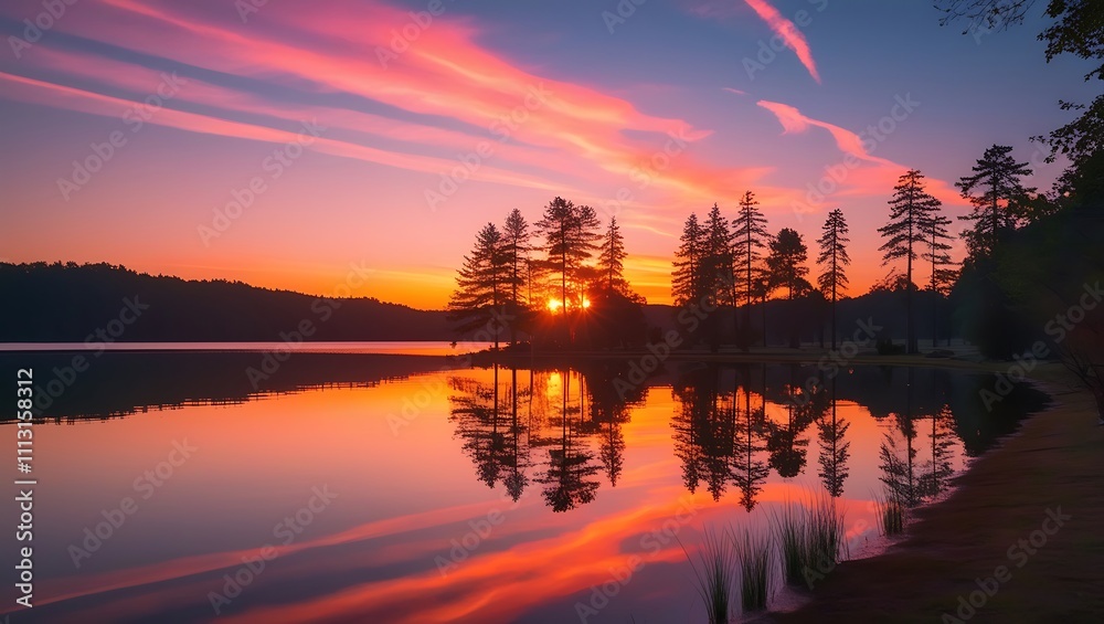 Fototapeta premium Sunset over tranquil lake with silhouetted trees