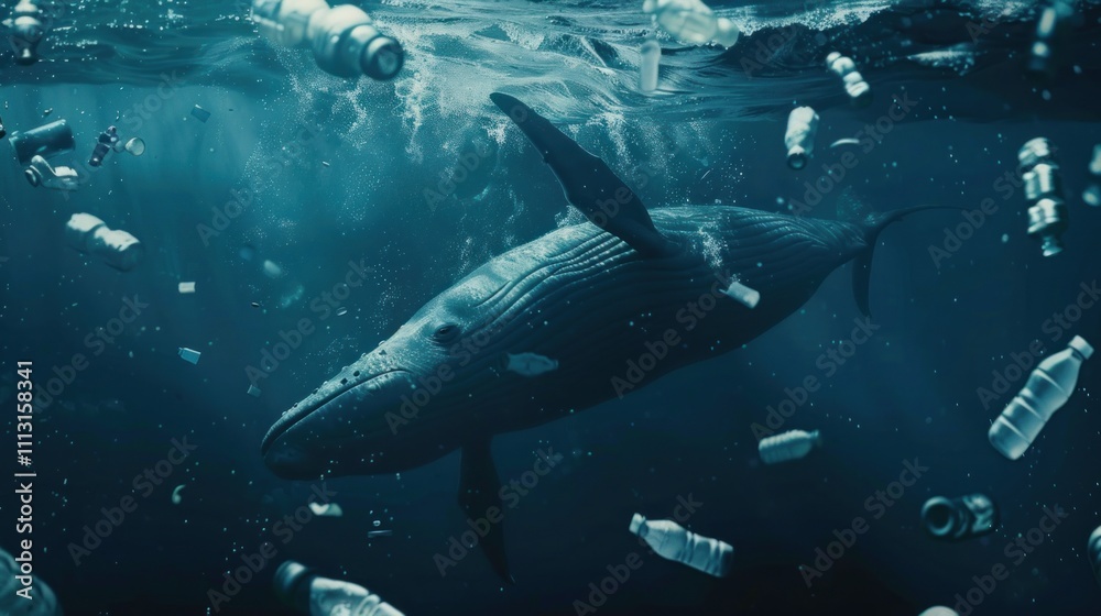 Fototapeta premium Whale Swimming in a Sea of Plastic Pollution