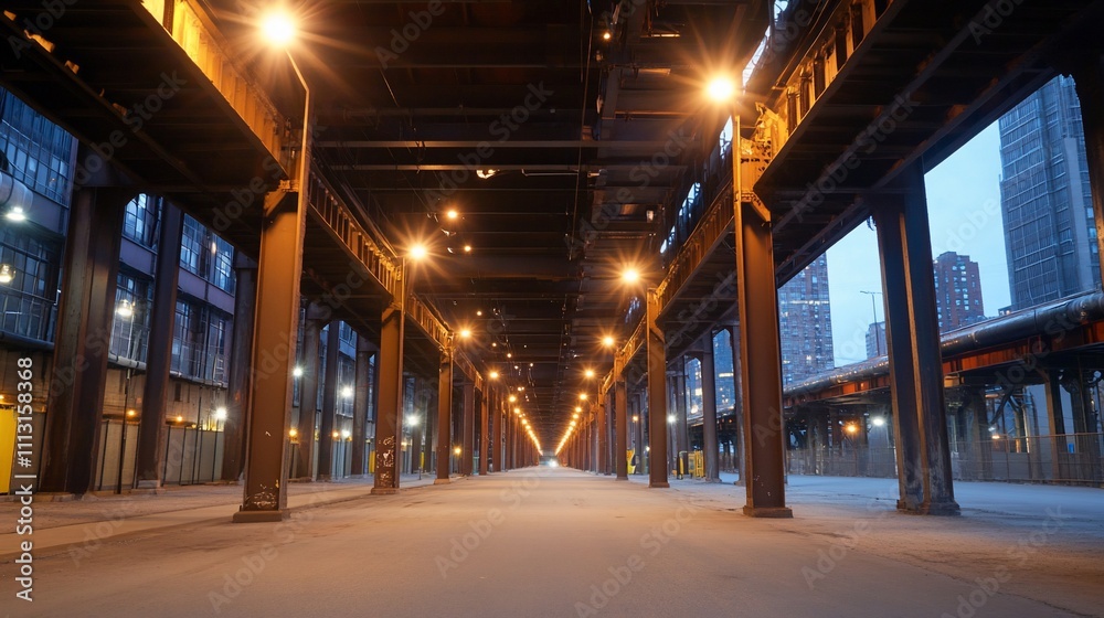 Snowy urban scene under an elevated structure with streetlights.