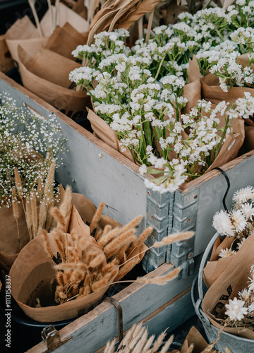 close up of wooden boxes with bouquet of wild and dried flowers photo