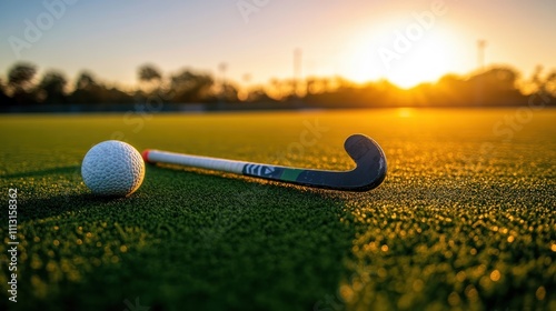 a close up photo of an field hockey stick laying on the green grass with ball beside it
