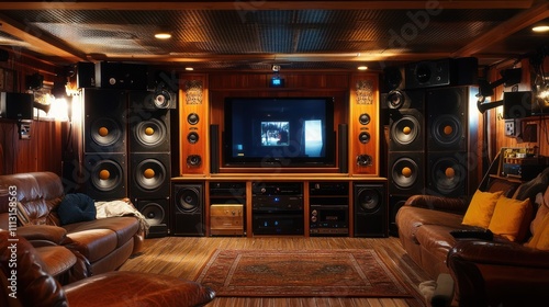 Luxurious home theater room with surround sound speakers, large screen TV, and comfortable seating.