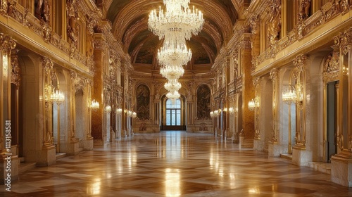 Old-world luxury hotel in Vienna, classical architecture, opulent chandeliers, historic charm,