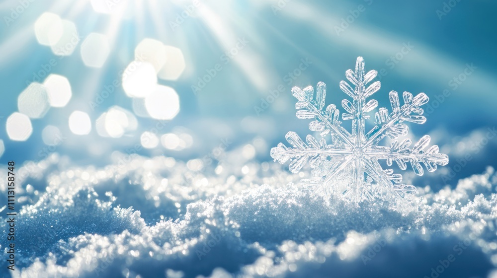 A snowflake made of crystal, shining under the sunlight on a blue background. A snowflake made of crystal, shining under the sunlight on a blue background.