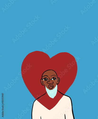 Elderly man wears a heart photo