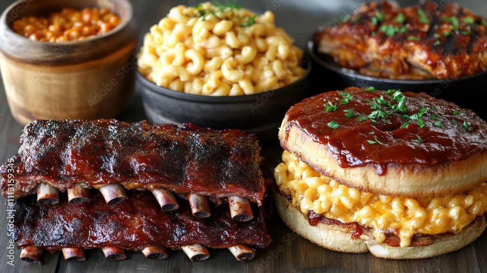 Composite of BBQ ribs, pulled pork sandwiches, and mac and cheese, capturing a Southern-inspired BBQ spread. Composite of BBQ ribs, pulled pork sandwiches, and mac and cheese, capturing a Southern-inspired BBQ spread.