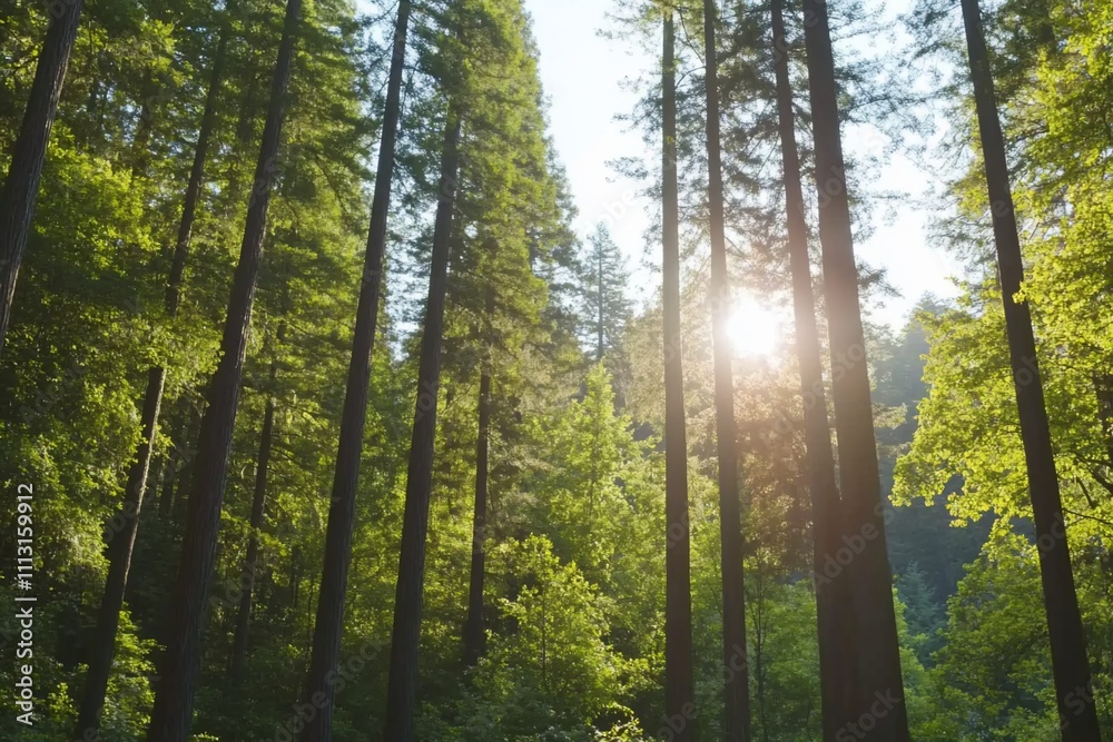 Fototapeta premium Sunlight filters through tall trees in a lush forest.