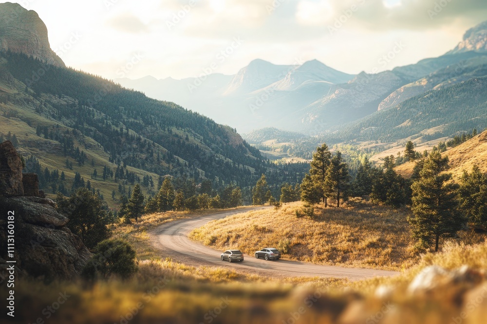 Fototapeta premium Ultra-detailed image of a car journeying through mountainous American landscapes, shot with f35mm, 8K HD, and editorial photography style; features cinematic color grading, tilt blur