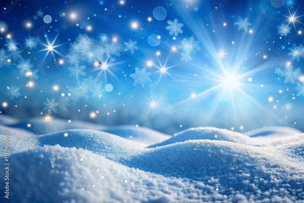 Magical winter landscape with sparkling snowflakes and bright sun.