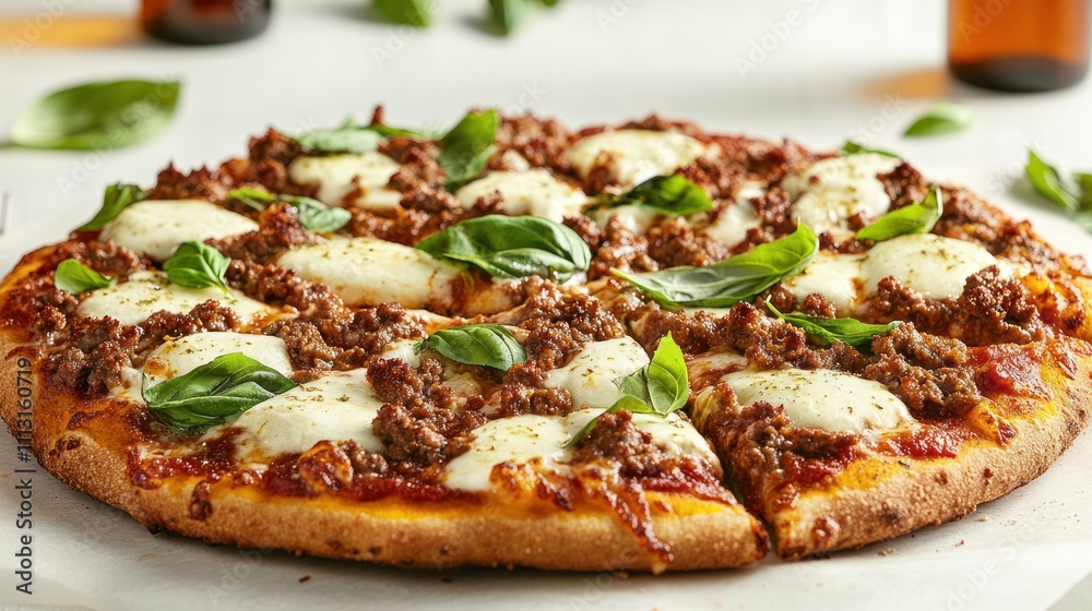 Sliced pizza with ground meat, mozzarella cheese, and fresh basil. Sliced pizza with ground meat, mozzarella cheese, and fresh basil.