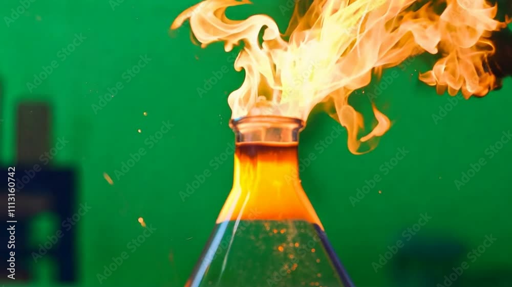 Exploding Flask Fiery Reaction in Erlenmeyer Flask: A captivating close-up shot of a ...