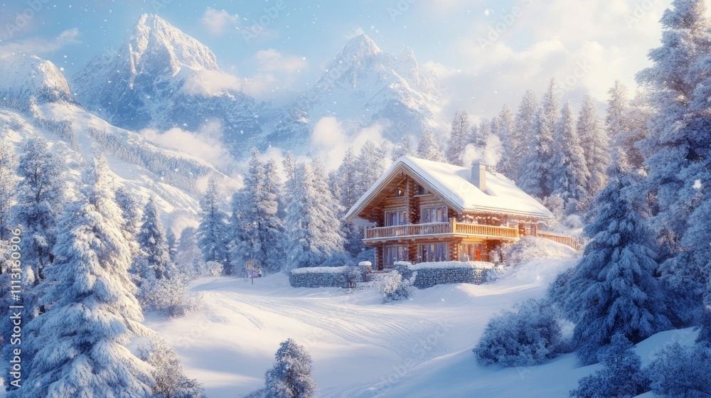 A cozy cabin nestled in a snowy landscape with mountains and pine trees. A cozy cabin nestled in a snowy landscape with mountains and pine trees.