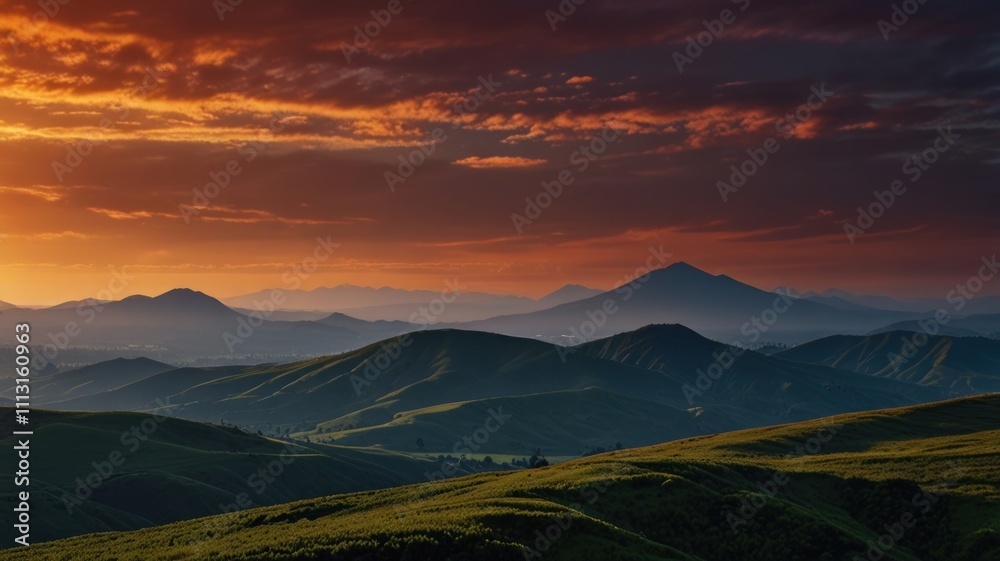 Fototapeta premium Dramatic sunset over rolling hills and mountains.