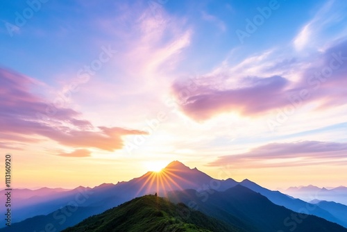 Sunrise over a mountain range with vibrant clouds and colors. photo