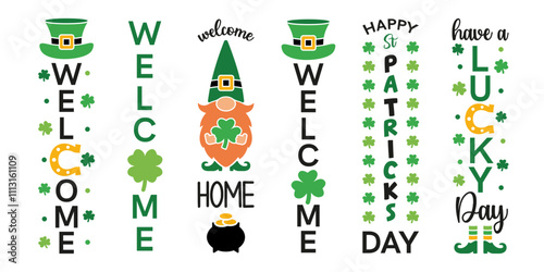 Set of St Patricks Day vertical porch signs. Vector illustration for decoration door, background, posters, and other designs. Irish holiday welcoming greeting photo